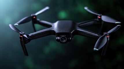 A sophisticated drone hovering in a lush green environment, showcasing modern technology's ability to blend with nature while emphasizing the balance of innovation and nature.