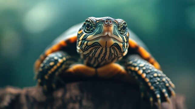 A striking close-up of a colorful turtle perched comfortably on a log, showcasing its intricate shell patterns and vibrant colors, symbolizing tranquility and nature's beauty.