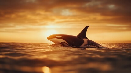 An orca whale elegantly breaches the water's surface during a stunning sunset, capturing a moment of wild beauty that highlights marine life and our connection to nature.