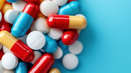 A vibrant and colorful collection of pills and capsules scattered against a blue background, conveying visual intrigue while representing health, wellness, and medicine.