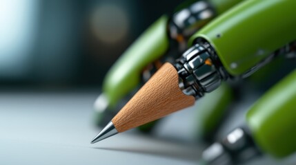 This striking image features a robotic hand expertly gripping a wooden pencil, blending technology with artistry in a visually captivating manner that sparks creativity.