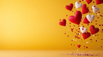 A vibrant collection of red and white hearts raining down against a bold yellow backdrop, symbolizing love, joy, and affection in a playful and cheerful manner.
