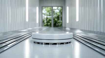 An advanced autonomous robot cleaner stands in a sleek, minimalist environment, emphasizing innovation in technology and the future of smart cleaning solutions for homes.