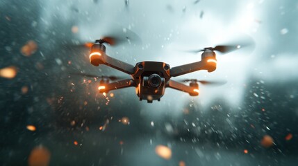 A high-tech drone captured in action against a dramatic backdrop, showcasing its flying capabilities amidst elements of nature. The image conveys innovation and adventure.