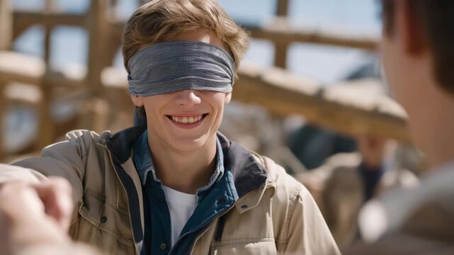 Employees participating in a trust-building activity, where one person is blindfolded while their teammates guide them through an obstacle course, fostering communication and teamwork in an outdoor