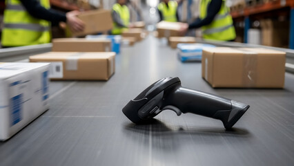 Handheld Barcode Scanner on Warehouse Conveyor Belt with Boxes
