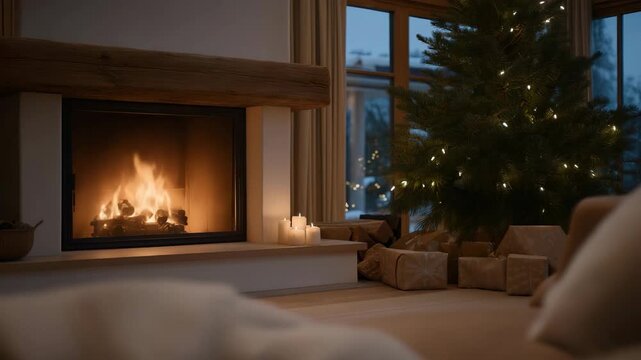 Holiday living room featuring a Christmas tree, warm fireplace filled with burning logs, wrapped gifts and lit candles, expressing coziness, gratitude, and winter tradition. cinematic color