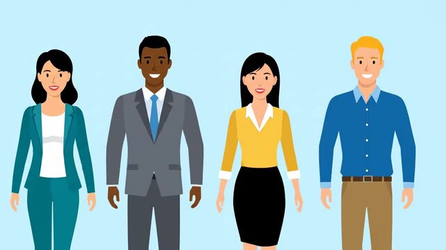 Diverse group of four professional business characters in a flat vector style animation, featuring men and women in corporate attire and smart casual clothing standing on blue background.