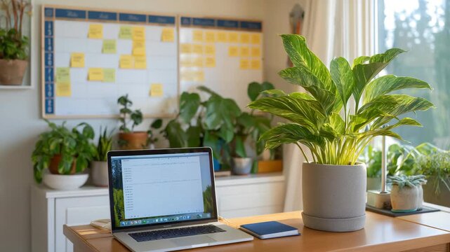 Organized desk with color coded calendars and cables, potted plants bringing calm while a whiteboard lists milestones and participants share updates in a home office meeting to align next steps.