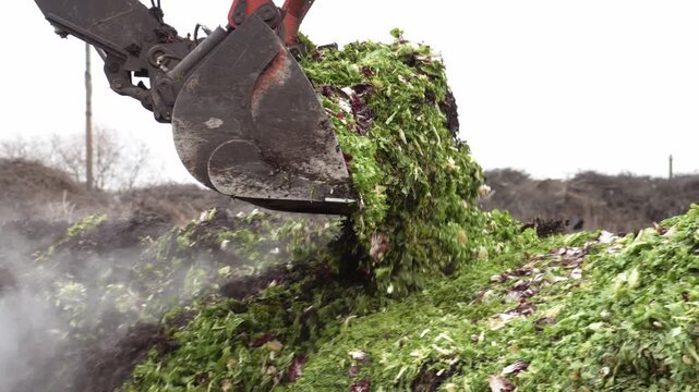 Lviv, Ukaraine - 15.12.2025: An excavator turns organic waste into a pile at a waste processing plant. Processing of organic waste