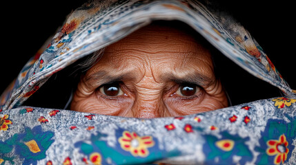 Revealing close-up portrait of elderly woman's expressive eyes and wrinkled forehead, peeking from beneath colorful, traditional patterned headscarf against dramatic dark background, conveying wisdom 