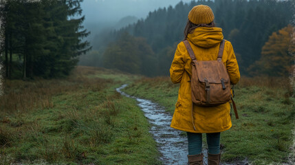 Lone person in bright yellow hooded raincoat and leather backpack walks along muddy, winding path through lush, green, and misty forest during rainy day, surrounded by tall trees and damp grass, evoki