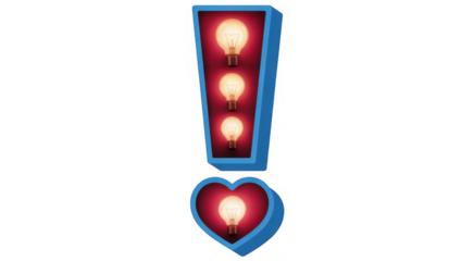 Exclamation Mark with Light Bulbs and Heart symbol isolated on a transparent background