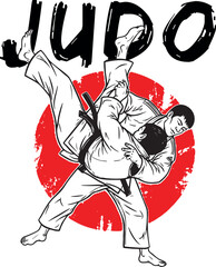 Dynamic illustration showcasing a judo match, with two individuals engaged in combat and the word JUDO boldly displayed above