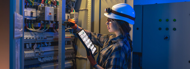 Woman electrician reaches into panel with tablet. Pro control. © puhimec