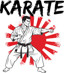A karate man is striking with sun in the background. It is a symbol of power, focus, and strength