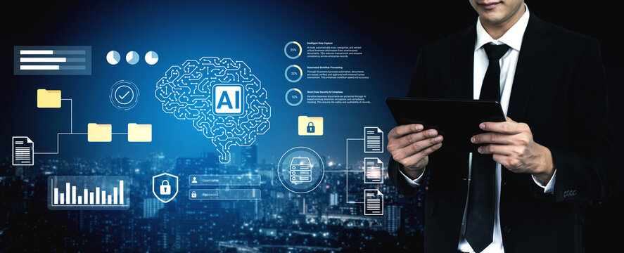 A businessman interacts with a tablet while surrounded by digital graphics of an artificial intelligence brain and data visualizations over an urban skyline. Gantry - Powered by Adobe