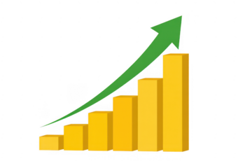 Green arrow on a rising bar graph rising graph yellow bars isolated on a transparent background