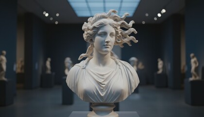 White marble bust sculpture of a mythological female figure with wind-blown hair, displayed in a dimly lit museum gallery