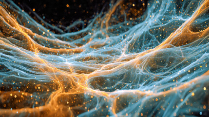 Visualization of a glowing neural network with intricate web-like structures and bright orange and blue highlights creating a dynamic abstract digital landscape scen