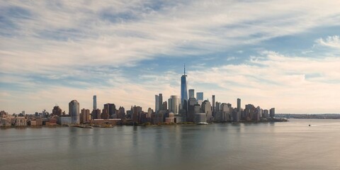 Fototapeta premium Aerial view of New York City midtown Manhattan skyline panorama view over Hudson River from drone.