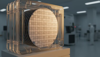 Stacked semiconductor wafers with detailed grid patterns held in clear protective frame inside sterile laboratory