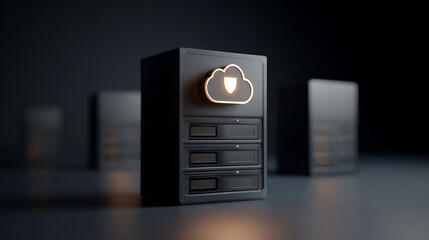 A cloud server with a shield icon to represent secure storage