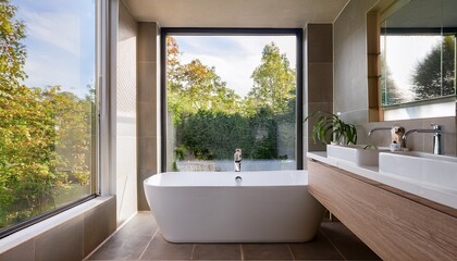 Fototapeta premium modern bathroom with a large window on the right side the window has white frames and is letting in natural light