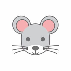 Obraz premium Cute Gray Mouse Face Cartoon Style Illustration Isolated on White Simple Design Rodent Animal Children's Drawing Clip Art Image