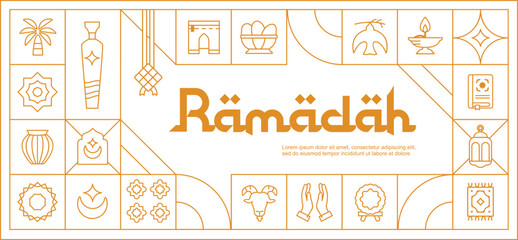 Ramadan Kareem monoline pattern illustration with various minimalist Islamic icons inside the box