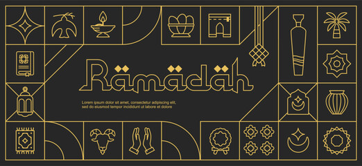 illustration ramadan kareem monoline pattern with various brightly colored islamic icons and symbols