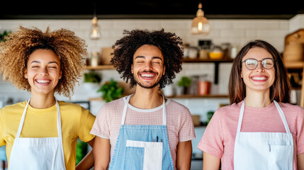 Three joyful and diverse young adult baristas and cafe staff in aprons, laughing together with closed eyes, radiating positive energy and welcoming service in friendly coffee shop environment.