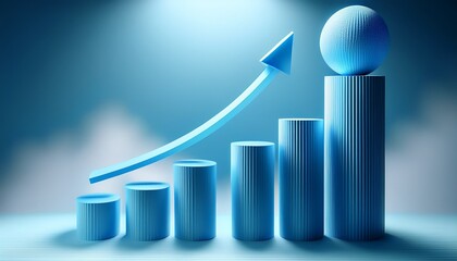 blue 3d bar chart with ascending bars and a sphere on steps symbolizing growth and progress in a misty background