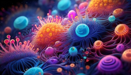 close up of colorful abstract microscopic organisms with glowing patterns and various shapes in blue purple orange and pink tones