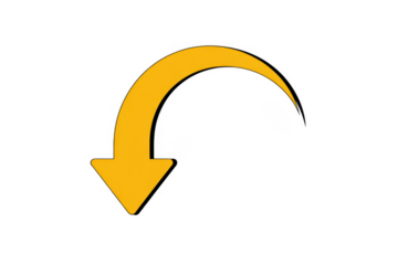 Yellow curved arrow pointing down isolated on a transparent background