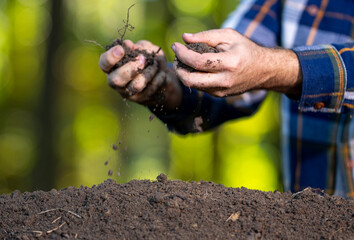 Hands holding soil. Farmers hands full of soil. Pouring soil and testing soil. Gardener examining earth and compost fertility.