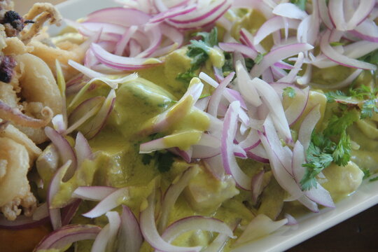 Peruvian street-style ceviche with lenguado and crispy fried calamari