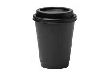 Black disposable coffee cup on black container isolated on a transparent background