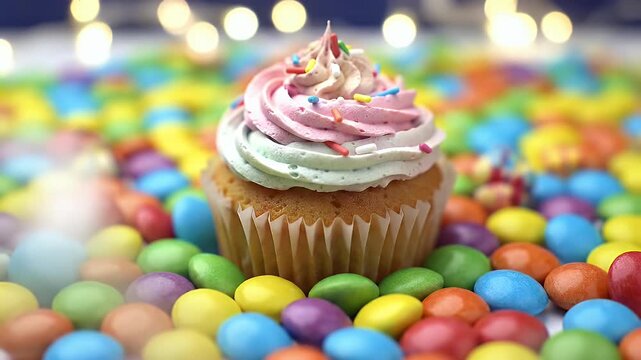 Centerpiece Cupcake with Pink and White Swirl Frosting Surrounded by Colorful Candy Sprinkles and Candies