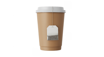 Brown paper coffee cup with tea bag brown cup white lid isolated on a transparent background