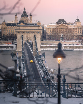 Budapest Chain Bridge and Danube River in Winter at Blue Hour