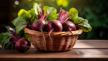 Close Up On A Beetroots With Leaves In A Rustic Wicker Basket On A Wooden Table