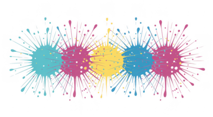 Colorful paint splatters in blue, pink, and yellow isolated on a transparent background