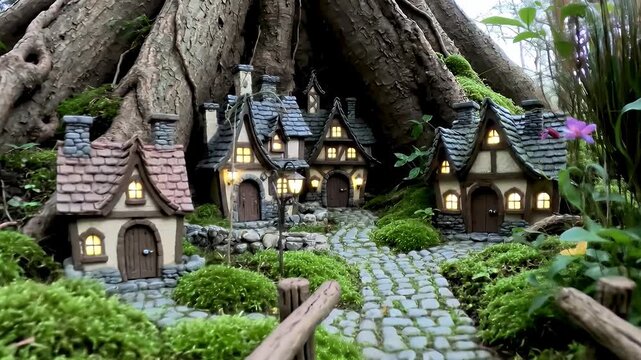 Charming miniature cottage village tucked among lush greenery and winding stone pathways