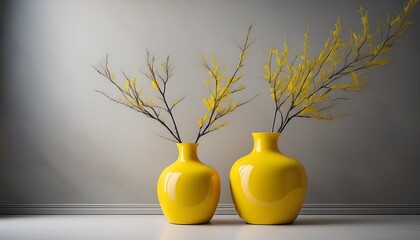 Two Vibrant Yellow Vases Filled With Branches Sit Against A Soft Gray Wall Creating A Serene And Stylish Focal Point For Any Modern Decor Or Art Setup