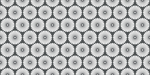 Seamless vector pattern with white chrysanthemum flowers on dark gray background, Japanese inspired floral design, decorative repeating illustration for textile fabric wallpaper wrapping paper print © ☆ simple vectors ☆
