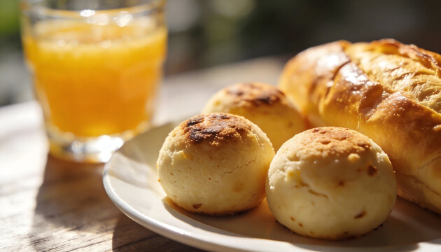Caf&eacute; da manh&atilde; brasileiro com p&atilde;o franc&ecirc;s, p&atilde;o de queijo, bolo de chocolate e suco de laranja em fotografia de comida com luz natural sobre mesa de madeira.