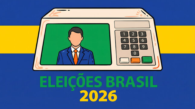 Urna eletr&ocirc;nica em, em estilo de ilustra&ccedil;&atilde;o, exibe um candidato na tela e a frase &ldquo;Elei&ccedil;&otilde;es Brasil 2026&rdquo; em destaque na base.