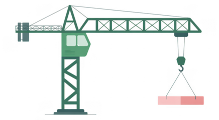 Green construction crane with pink block machine industrial isolated on a transparent background