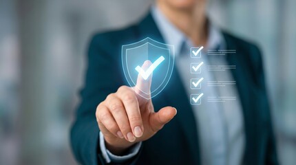 Businesswoman activating digital security shield for data protection and compliance